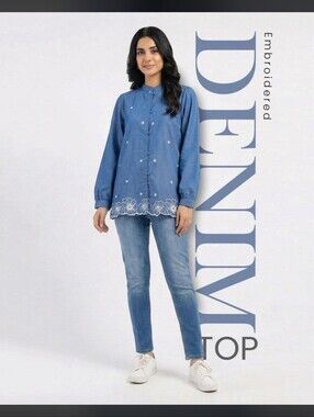 Limelight Denim Blue Embroidered Button-Down Top